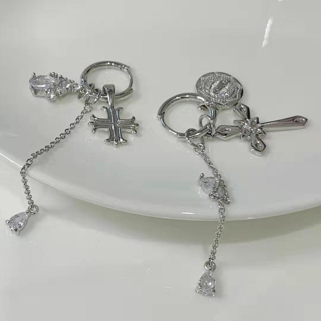 Cross pendant metal chain drop earrings