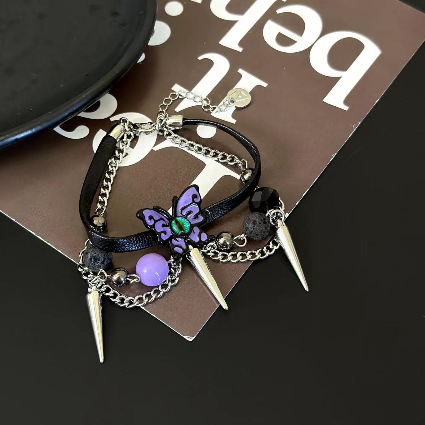 Rivet beaded butterfly metal chain bracelet