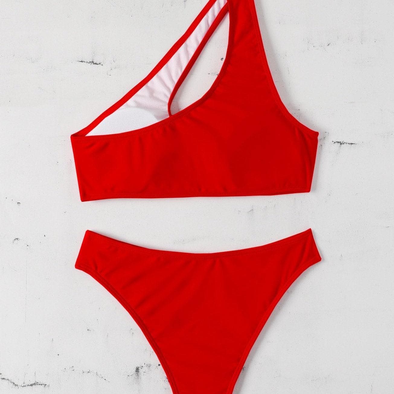 One side hollow out one shoulder solid bikini