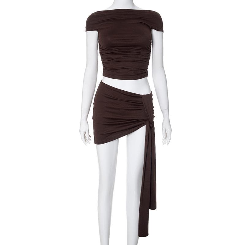Short sleeve ruched ruffle mini skirt set