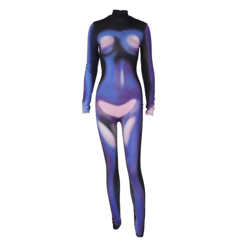 Zip-up long sleeve contrast polka dot thermal print high neck jumpsuit - Final Sale-final-sale