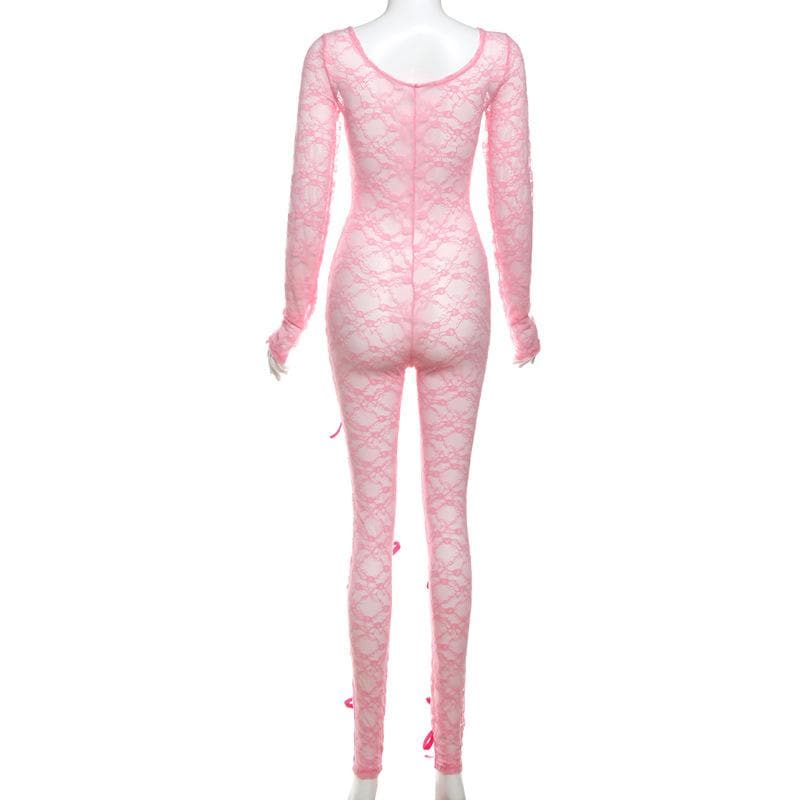 Long sleeve bowknot u neck lace see through jumpsuit-final-sale