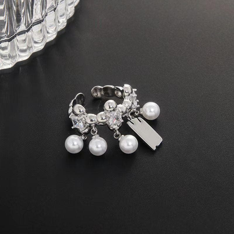Faux pearl silver adjustable rhinestone ring