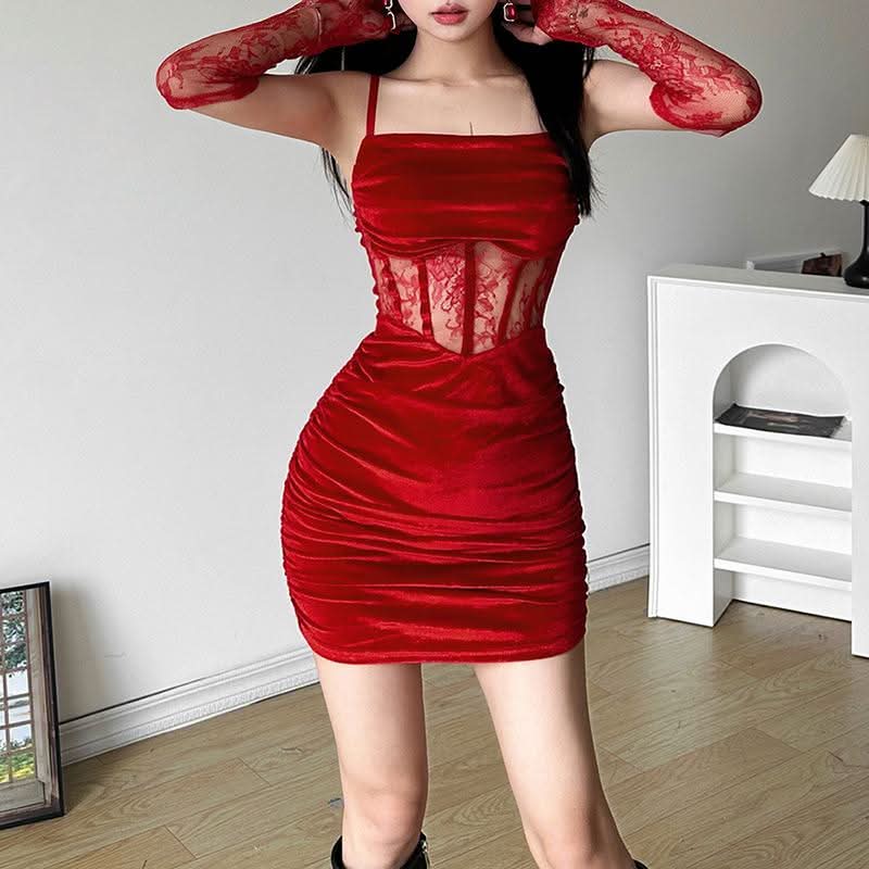 Velvet ruched lace gloves cami mini dress
