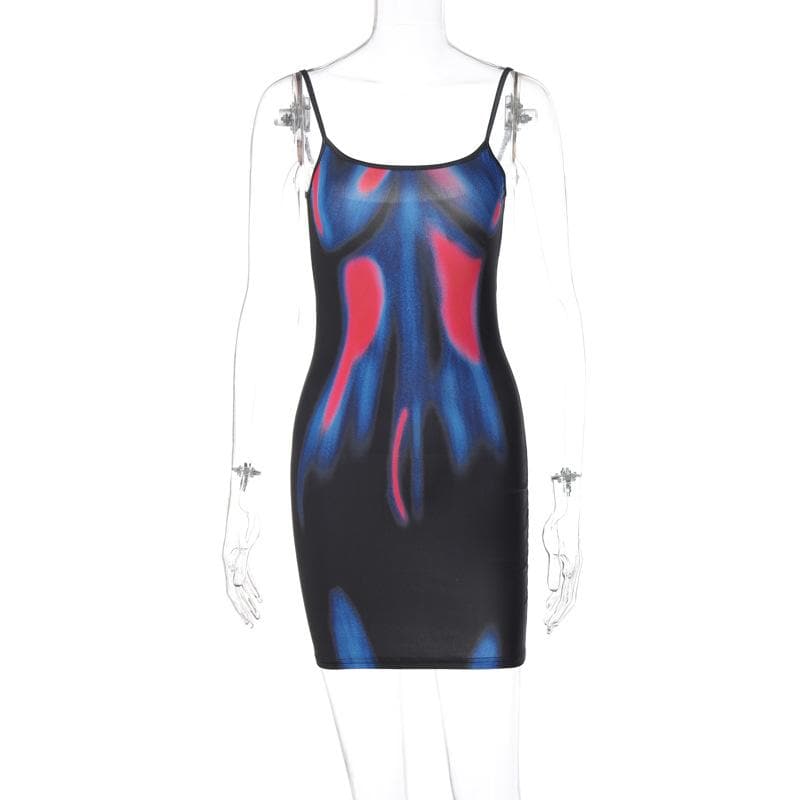 Abstract Thermal Print Scoop Neck Contrast Trim Spaghetti Strap Bodycon Mini Dress