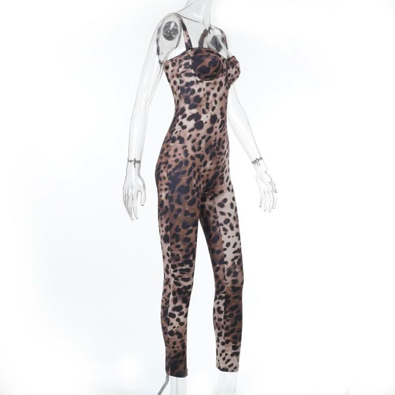 Leopard print v neck backless tank jumpsuit