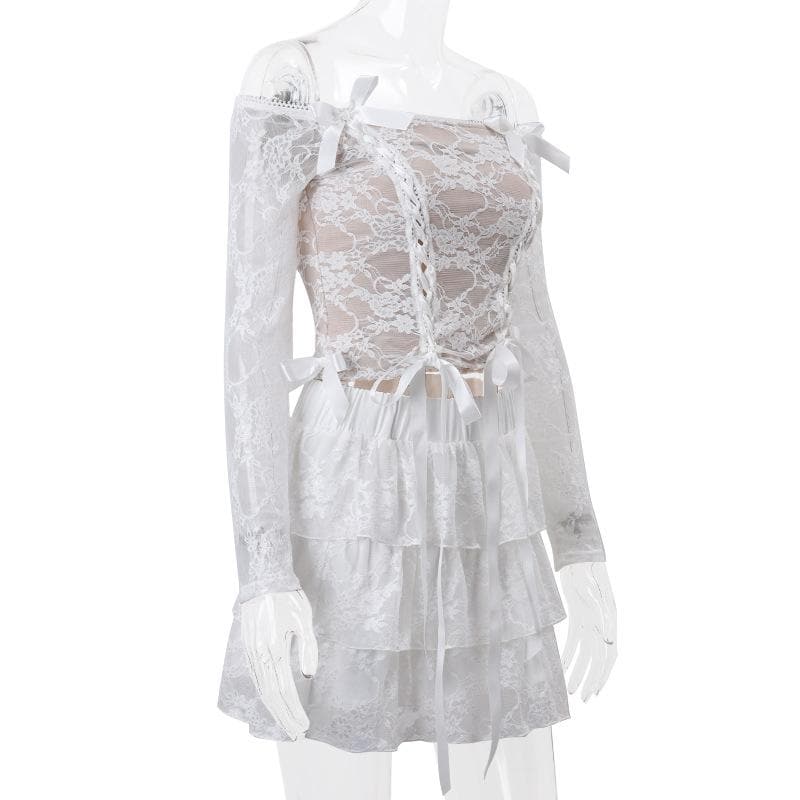 Long sleeve off shoulder bowknot ribbon lace up ruched mini skirt set