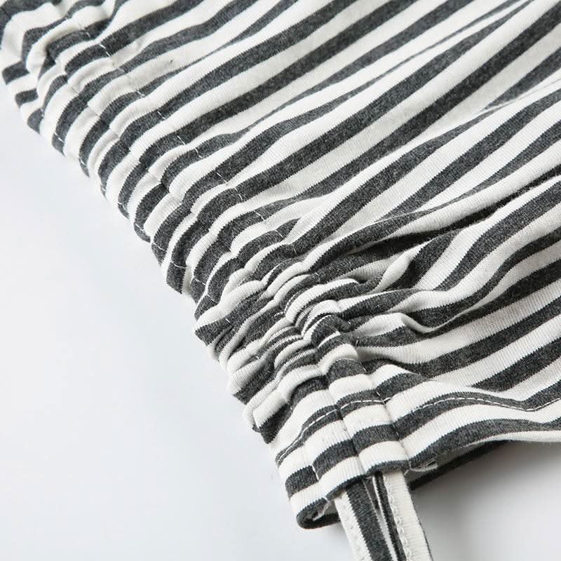 Long sleeve round neck striped drawstring top