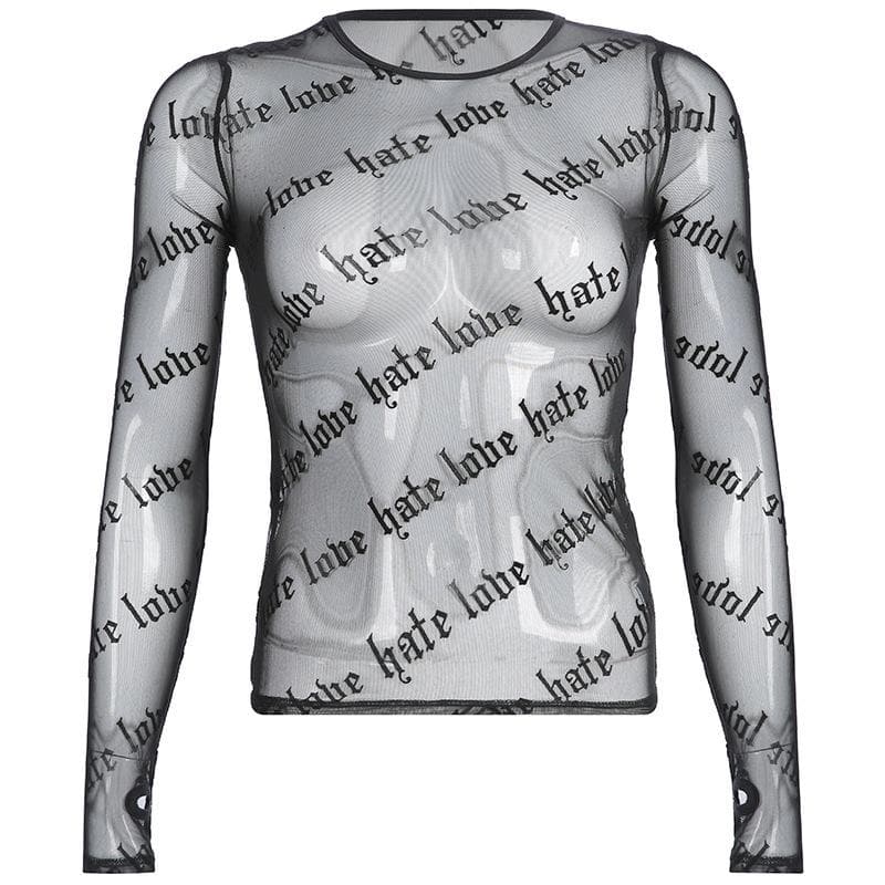 Sheer mesh "hate love" print see through solid long sleeve gloves top