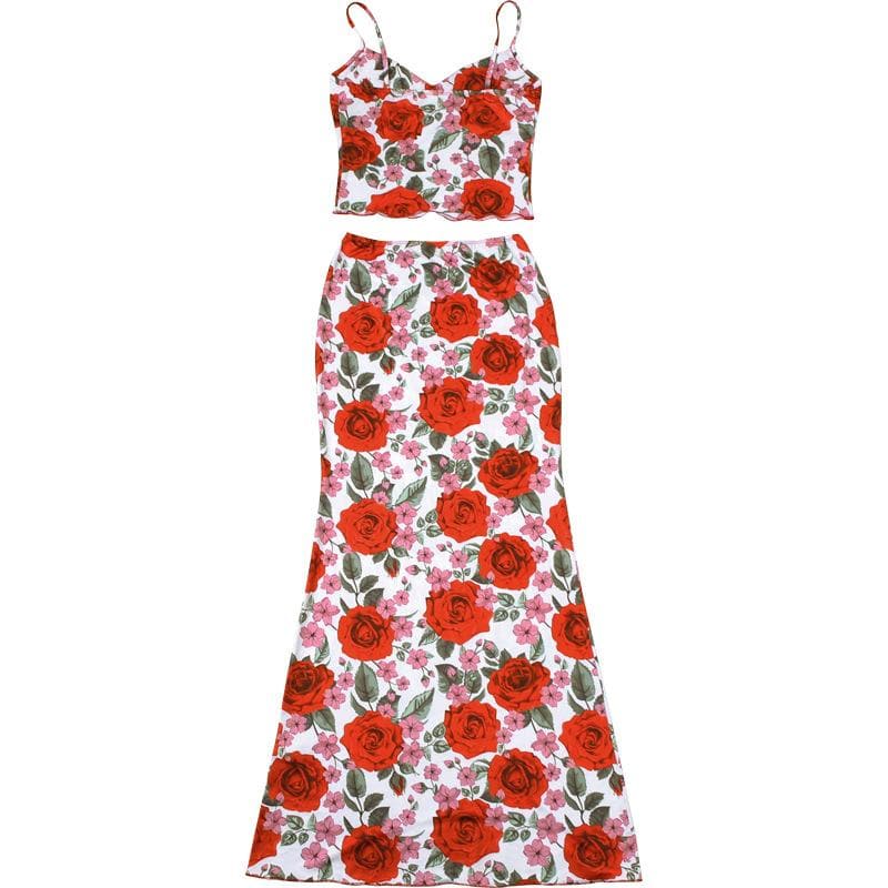 V neck flower print cami maxi skirt set
