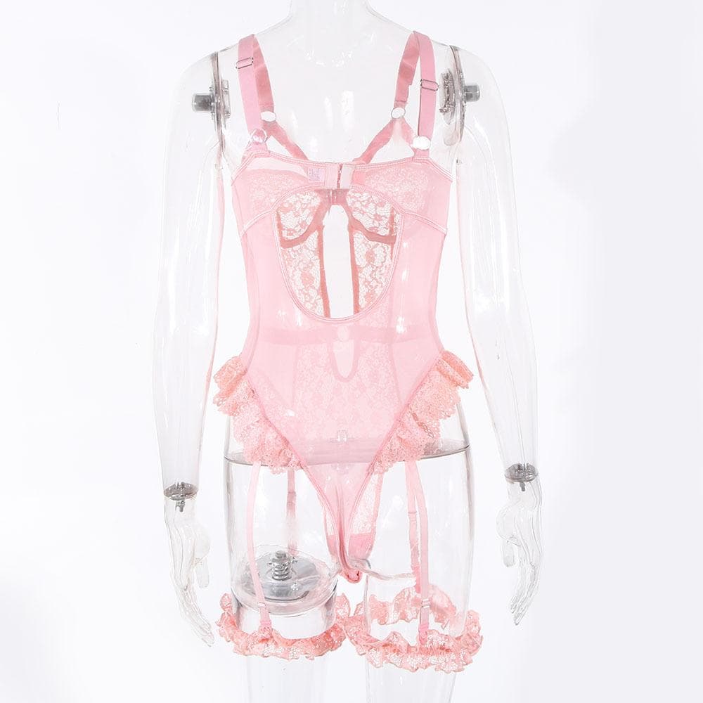 O ring lace garter hollow out bodysuit