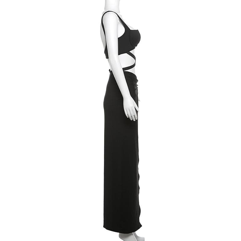 Sweetheart neck cross front ruched high slit cami maxi skirt set