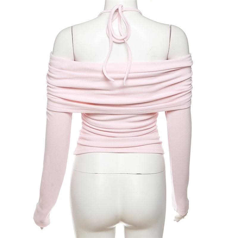 Ruched lace off shoulder halter long sleeve irregular top-final-sale