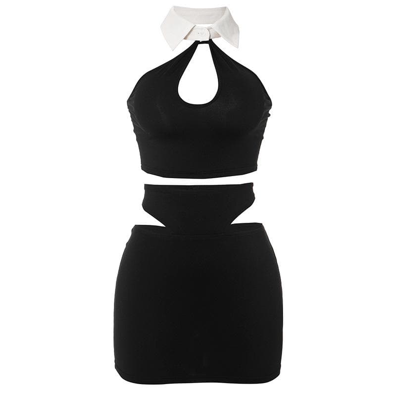 Halter turnover collar hollow out mini skirt set