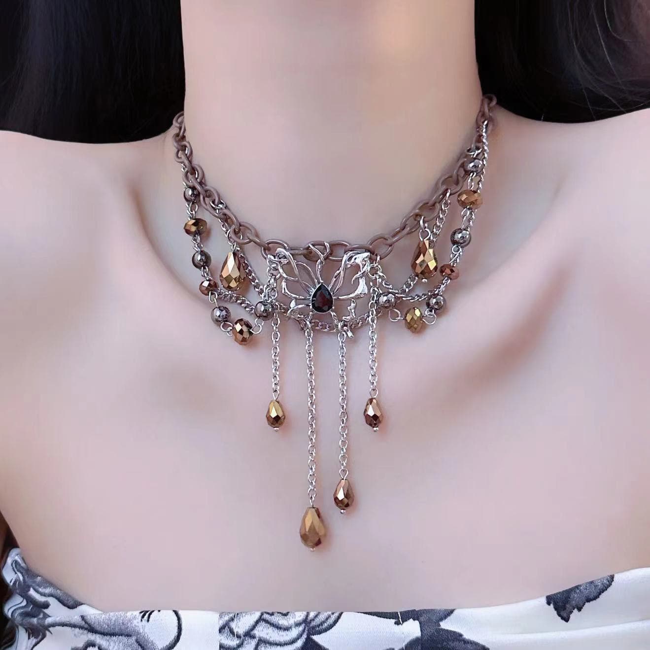 Butterfly decor crystal pendant choker necklace