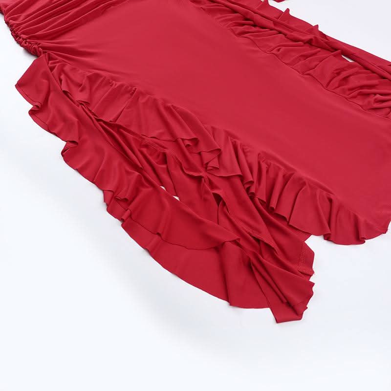 Long sleeve ruffle slit ruched zip-up maxi dress