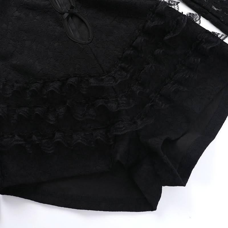 Hollow out zip-up bowknot lace hem long sleeve romper