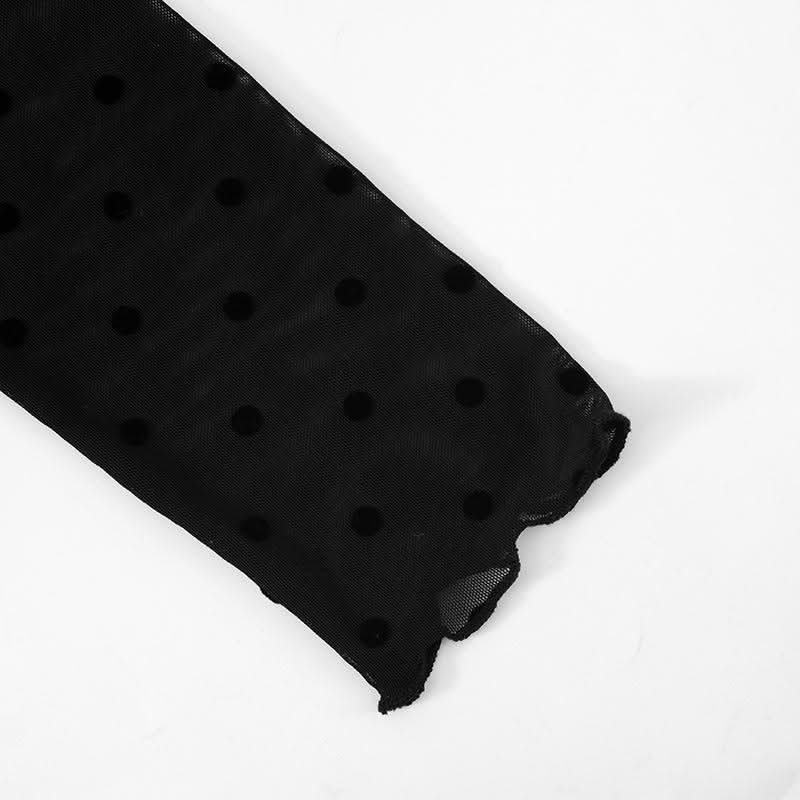 Long sleeve mesh polka dot ruffle solid top
