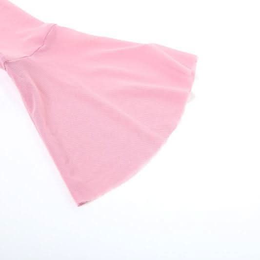 Bowknot long flared sleeve off shoulder mesh ruched top