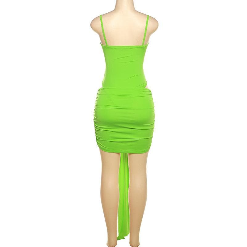 Hollow out solid ruched low cut self tie cami bodysuit mini skirt set-final-sale