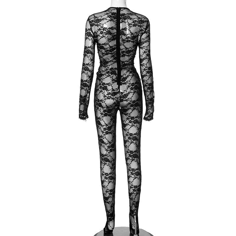Long sleeve crewneck lace see through zip-up jumpsuit