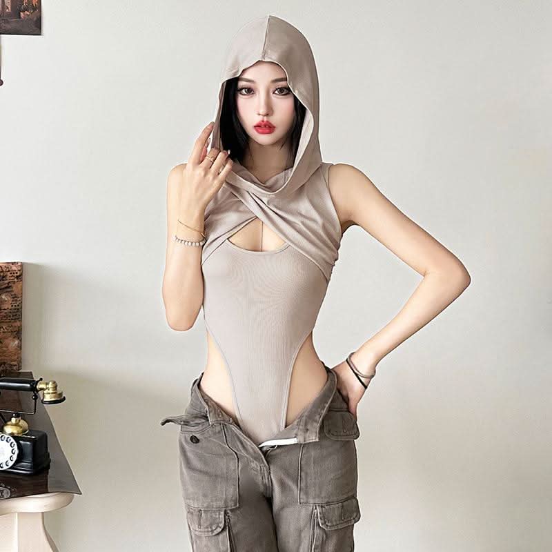 Hoodie sleeveless cross front hollow out bodysuit