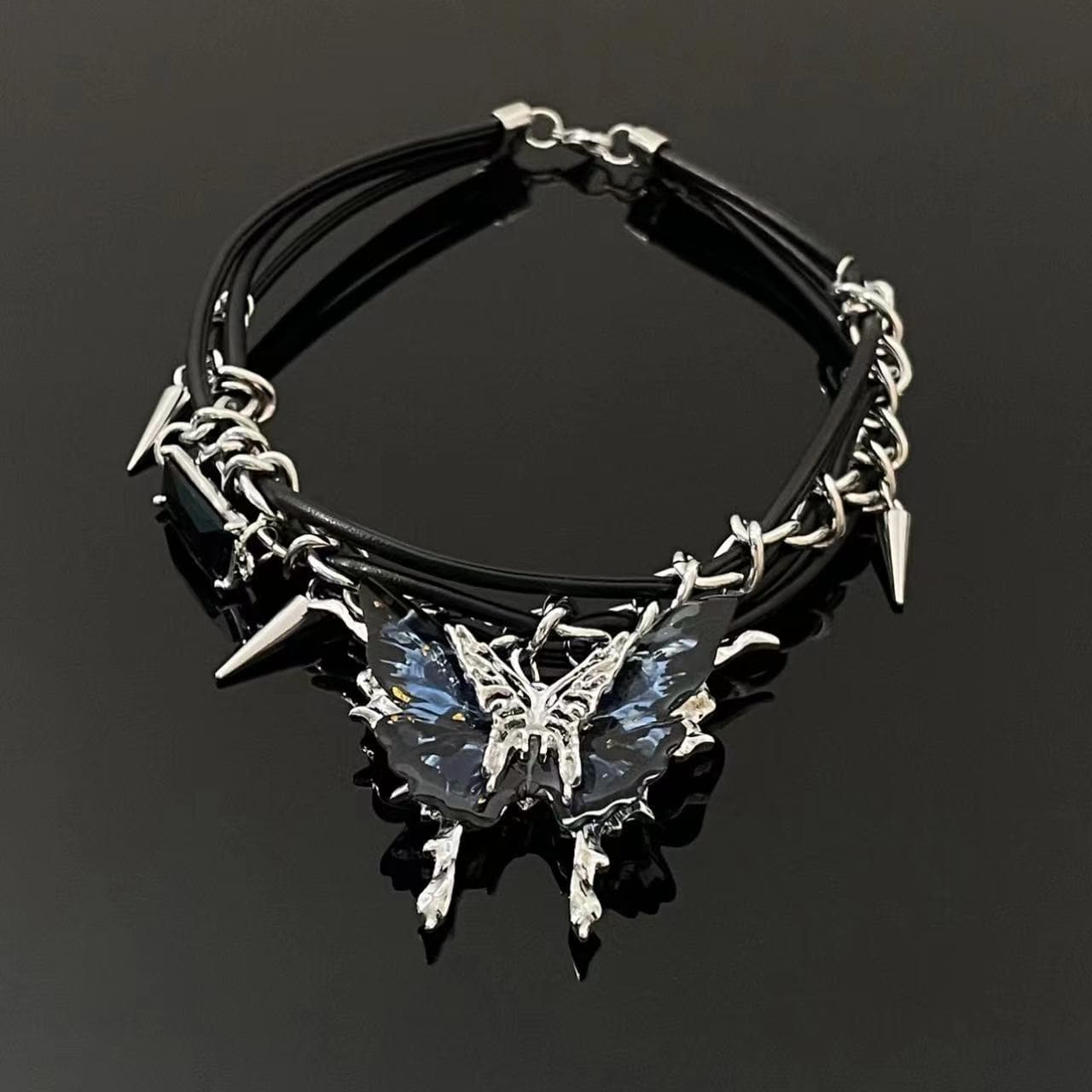 Black butterfly pendant rivet choker necklace