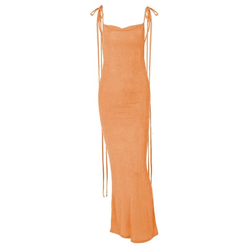 Cowl neck backless self tie solid ruched maxi dress