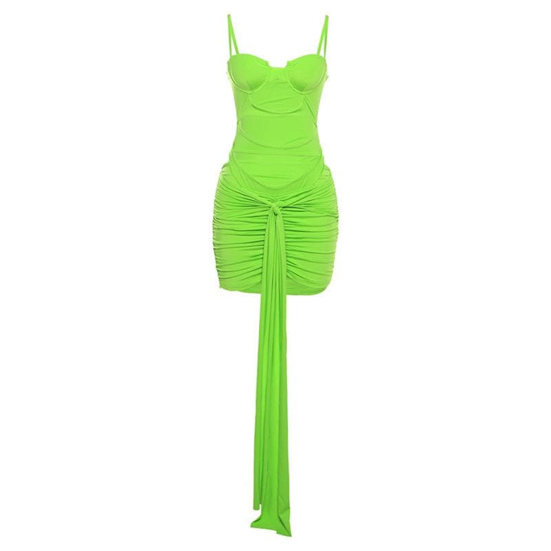 Hollow out solid ruched low cut self tie cami bodysuit mini skirt set-final-sale