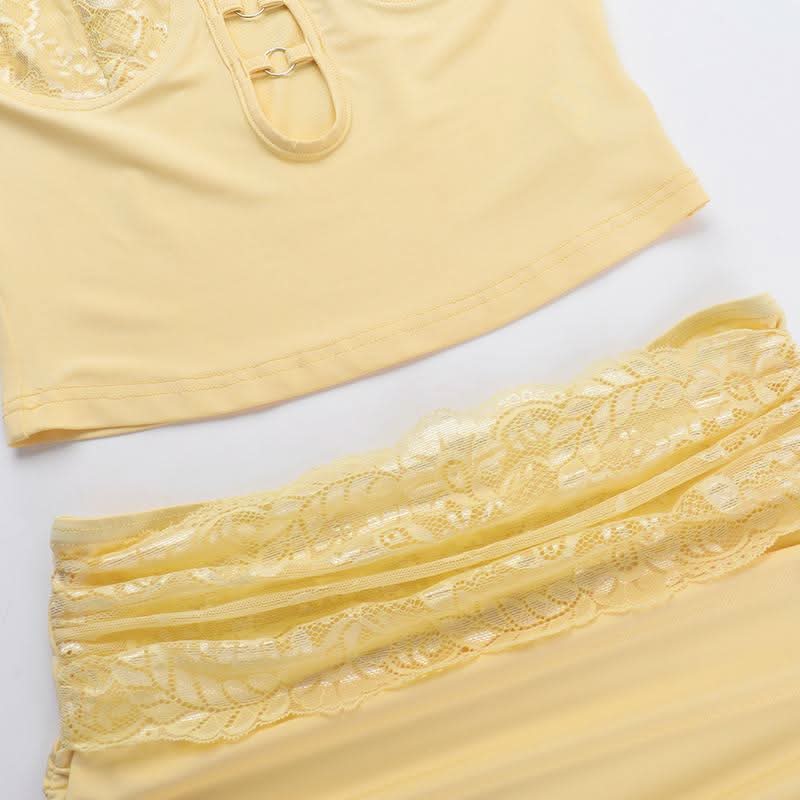 Hollow out v neck lace hem ruched cami mini skirt set
