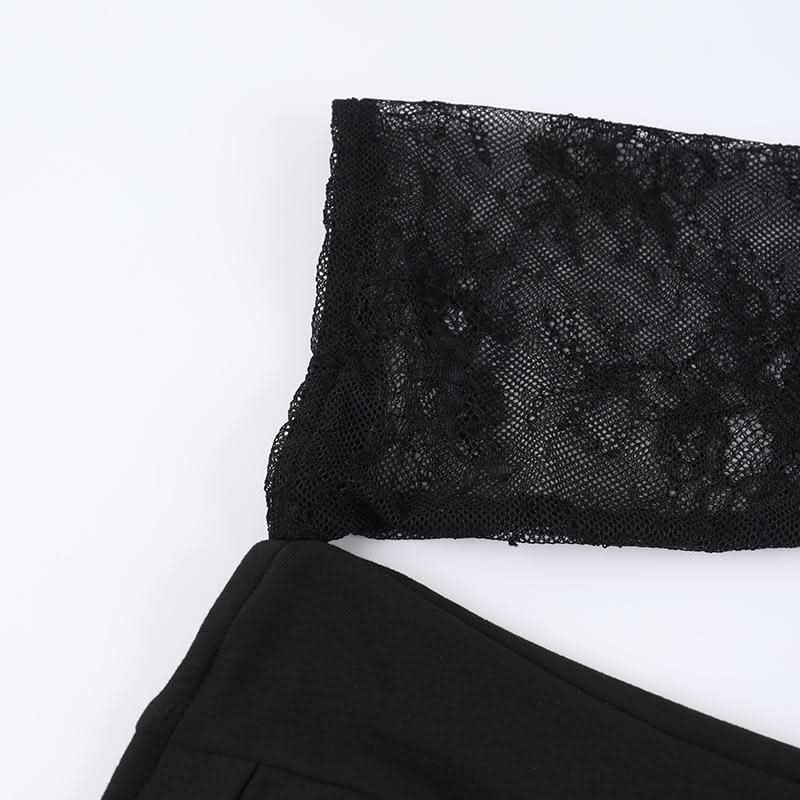 One shoulder long sleeve patchwork lace top