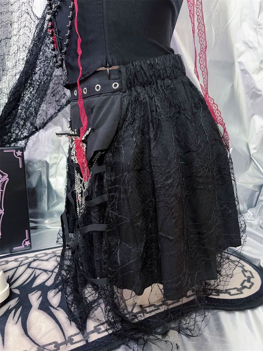 Spider web pattern metal chain mesh mini skirt