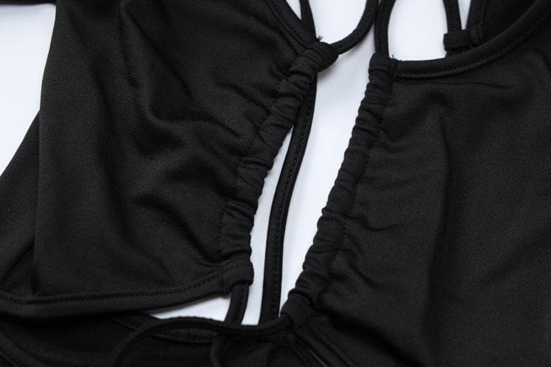 Cross front long sleeve hollow out lace up solid jumpsuit - Final Sale