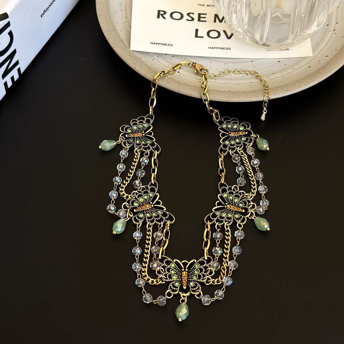 Layered green butterfly pendant choker necklace