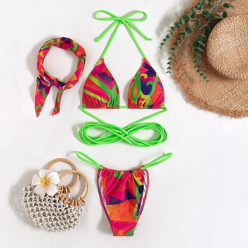 Contrast print self tie halter 3 piece swimwear