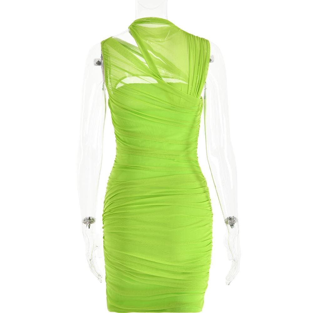 Sleeveless irregular hollow out mesh knotted ruched cut out mini dress