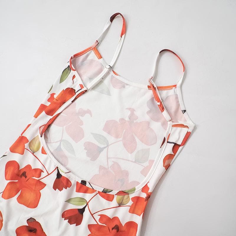 U neck backless slit flower print cami maxi dress