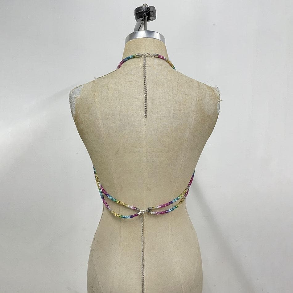 Halter beaded metal chain contrast bra top