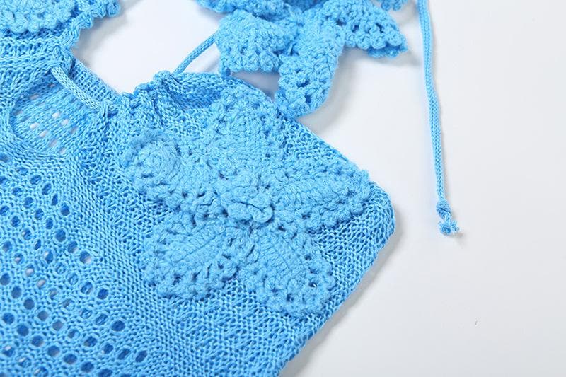 Halter knitted flower pattern see through maxi dress