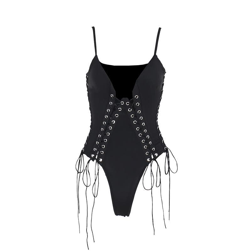 V neck lace up hollow out solid cami bodysuit