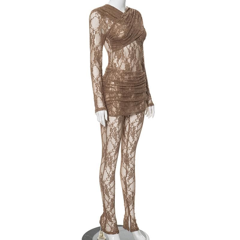 Long sleeve ruched lace zip-up see through 2 piece jumpsuit