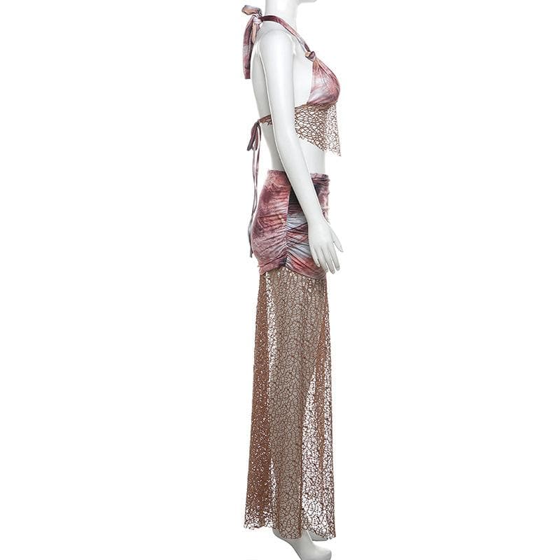 Halter fishnet tie dye hollow out high slit maxi skirt set