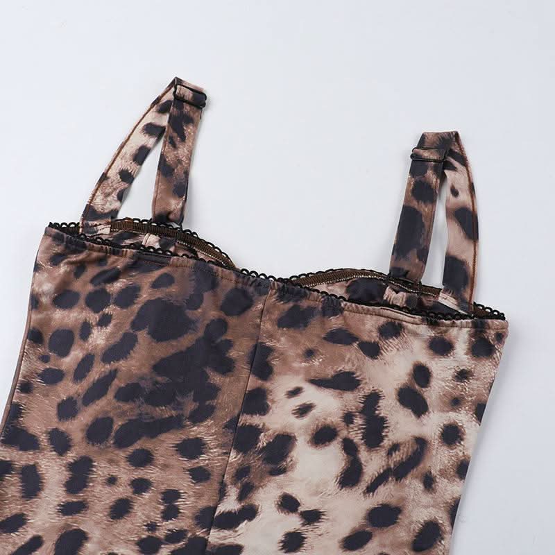 Leopard print v neck backless tank jumpsuit