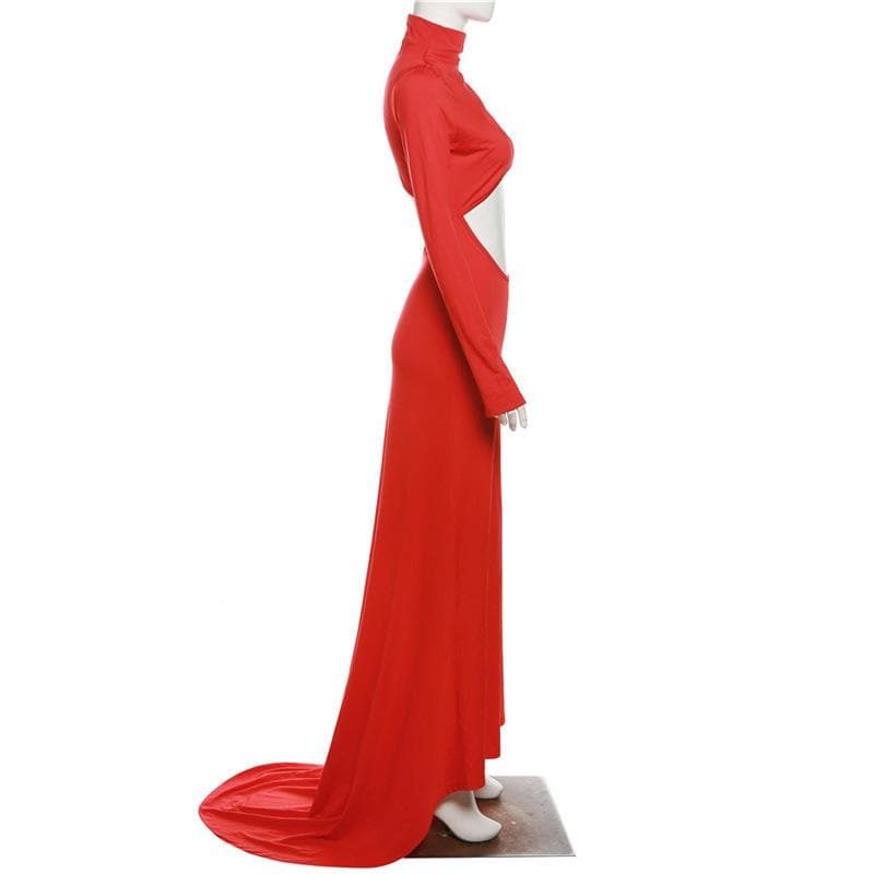 Long Sleeve High Neck Criss Cross Midriff Cut Out Maxi Dress