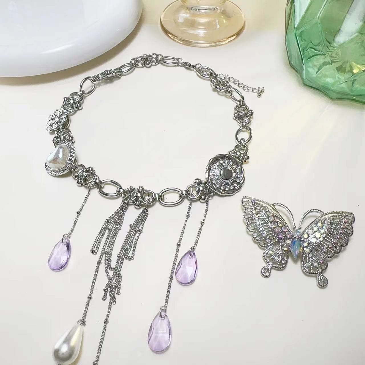 Purple crystal 2 pcs butterfly decor choker necklace