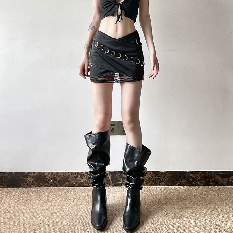 Cross front fishnet patchwork mini skirt