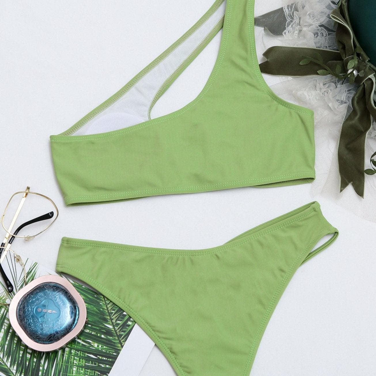 One side hollow out one shoulder solid bikini