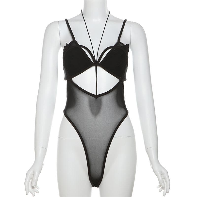 Mesh hollow out stitch ruffle solid cami bodysuit