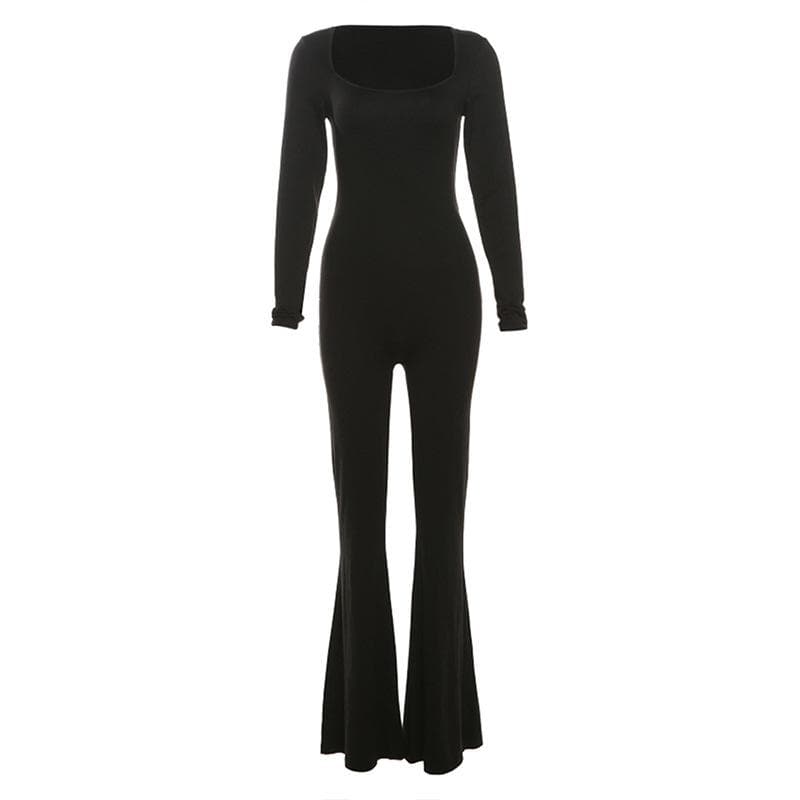 Long sleeve u neck backless self tie solid jumpsuit-final-sale