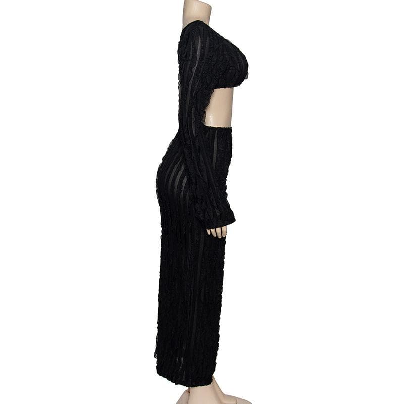 One shoulder long sleeve irregular ruffle textured maxi skirt set